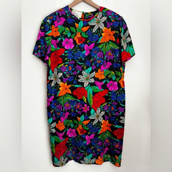 Vintage 80s Designer Spencer Jeremy Floral Short Sleeve Silk midi Dress 14 - Picture 1 of 5